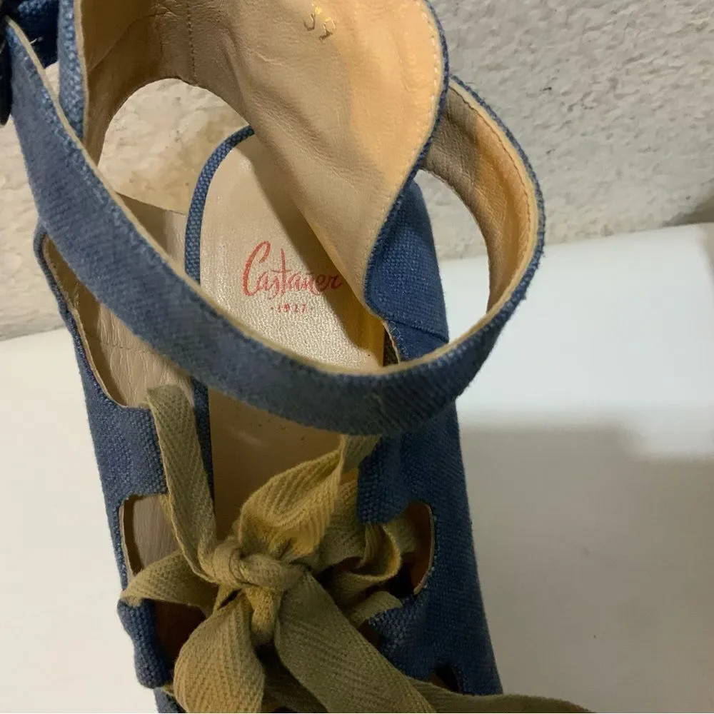 Castaner Leather lace up Denim look platform Wedge Espadrille Sandals 39